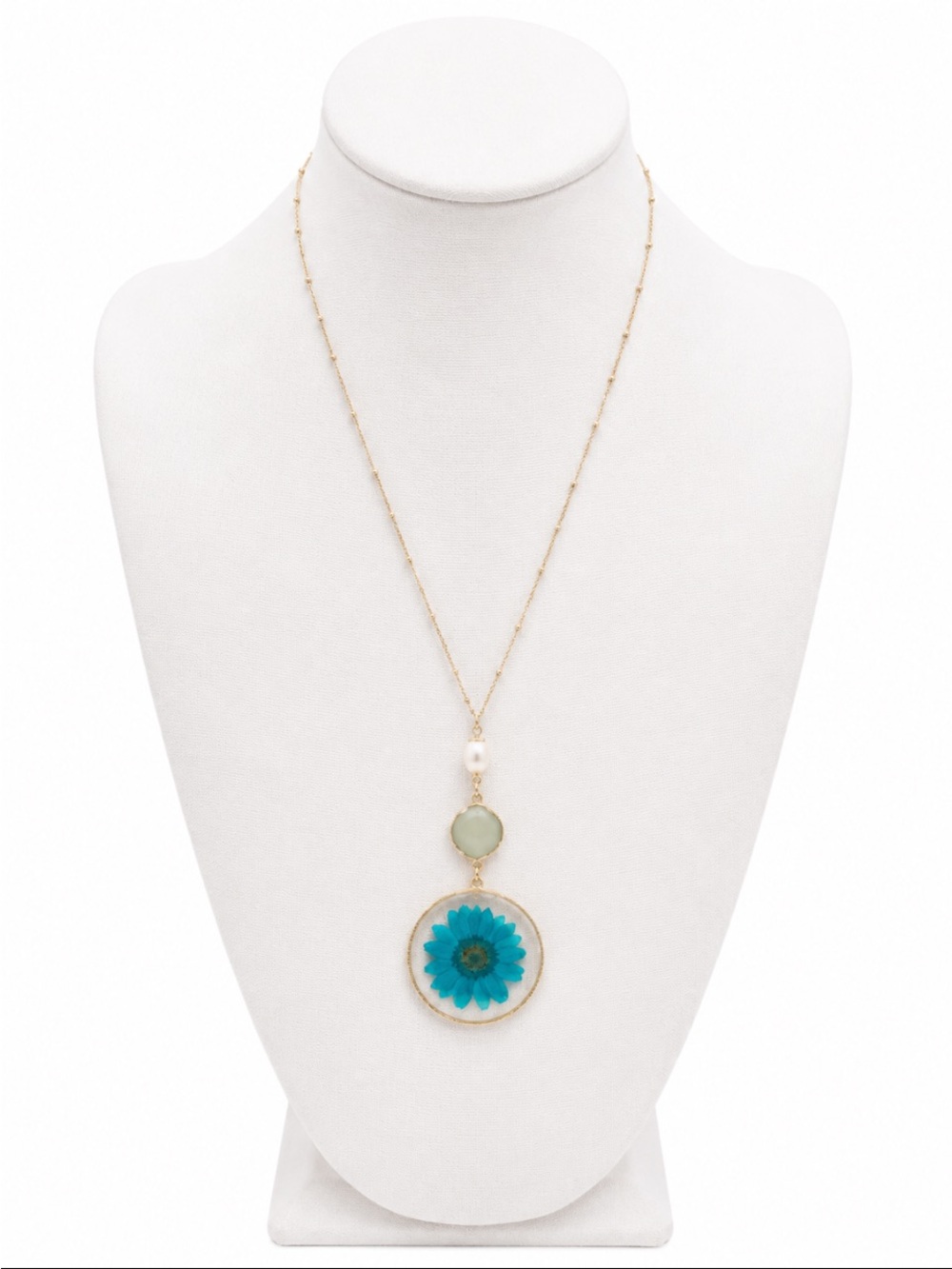 Turquoise Blue Pressed Flower Pendant Necklace with Pearl & Sage Green Accent